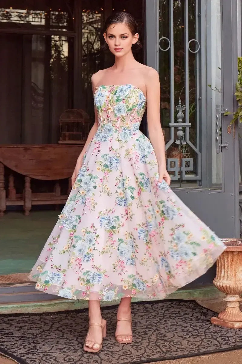 Robe Weitese sans bretelles longueur thé, robe de soirée romantique à imprimé floral, robe de bal trapèze sans manches